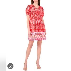 MSK  Orange -White Mini Dress  Puffed Sleeves Size L.